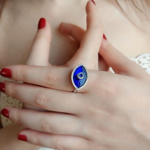 Navy Blue Almond Glass Eye Women's Silver Ring - CNG Jewels (1)