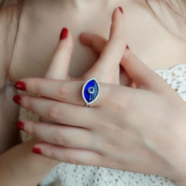 Lacivert Badem Cam Göz Kadın Gümüş Yüzük - 1