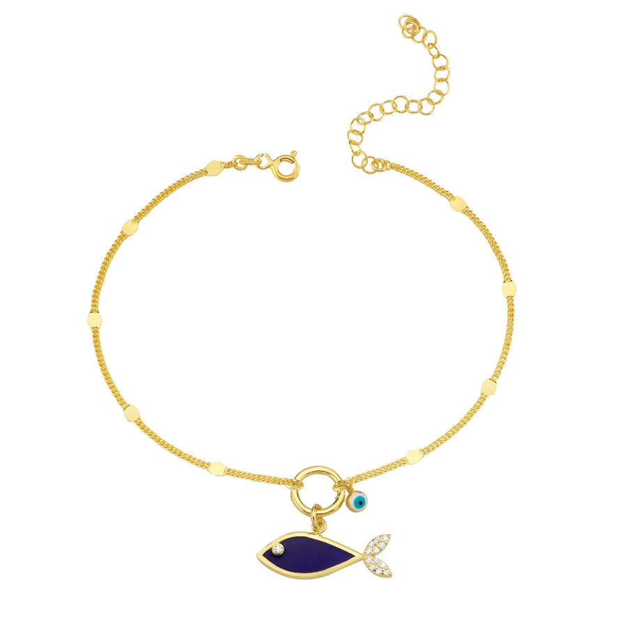 Lacivert Balık Nazar Boncuklu Gold Gümüş Halhal - CNG Jewels