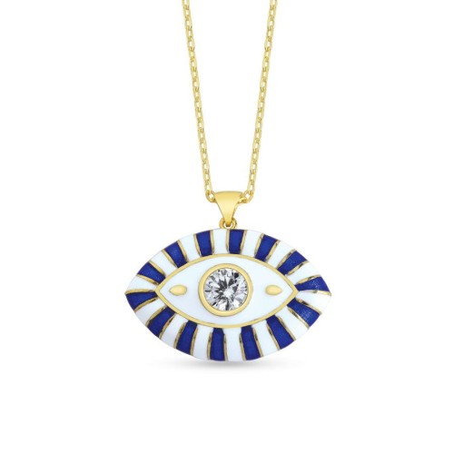 Lacivert Beyaz Mineli Nazar Göz Gold Gümüş Kolye - 1