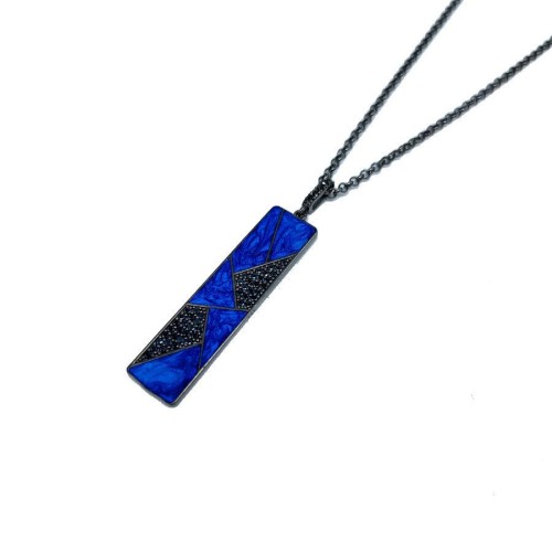 Lacivert Mermer Desenli Dikdörtgen Çubuk Erkek Gümüş Kolye - CNG Jewels (1)