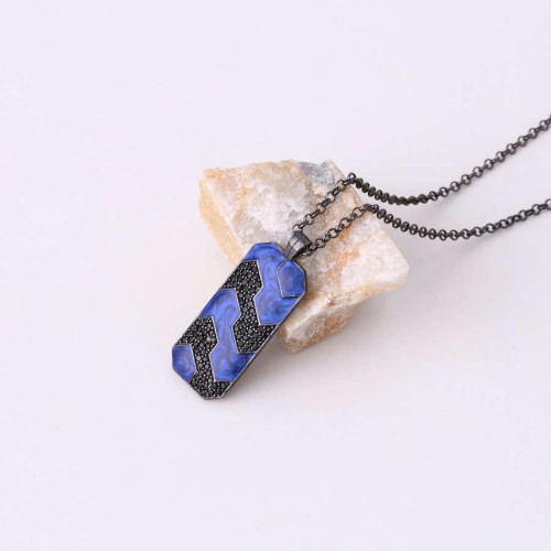 Lacivert Mermer Desenli Oktagon Plaka Erkek Gümüş Kolye - CNG Jewels (1)