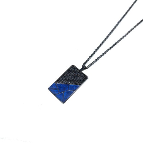 Lacivert Mermer Desenli Plaka Erkek Gümüş Kolye - CNG Jewels (1)