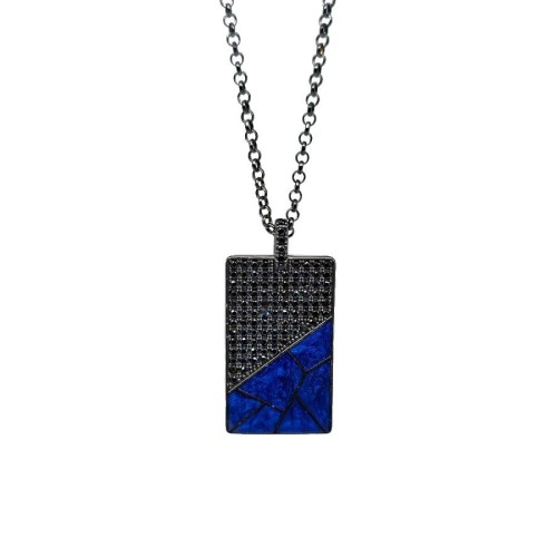 CNG Jewels - Lacivert Mermer Desenli Plaka Uzun Zincirli Gümüş Erkek Kolye