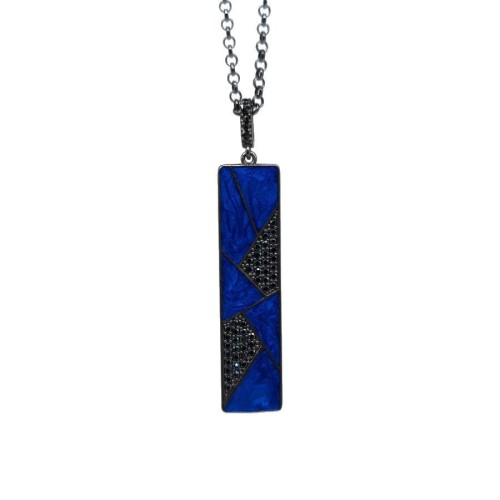 CNG Jewels - Lacivert Mermer Desenli Taşlı Dikdörtgen Plaka Uzun Zincirli Gümüş Erkek Kolye