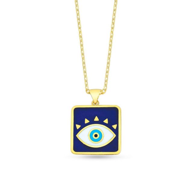 Navy Blue Enamel Eyelash Women's Silver Necklace - 1