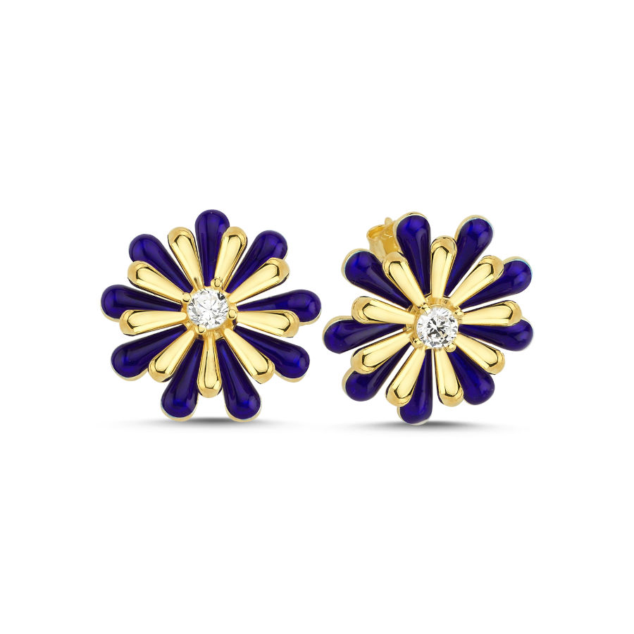 Navy Blue Enamel Daisy Design Women's Silver Earrings - CNG Jewels