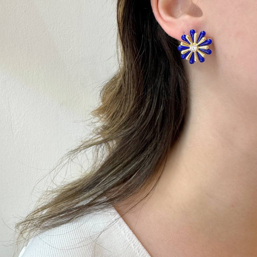 Navy Blue Enamel Daisy Design Women's Silver Earrings - CNG Jewels (1)