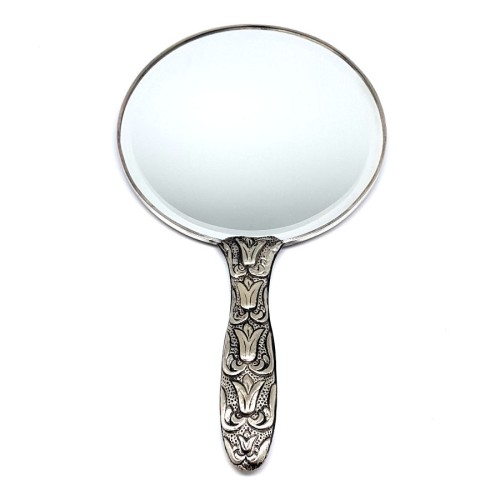 Lale Motifli Ekstra Büyük Gümüş El Aynası - Thumbnail