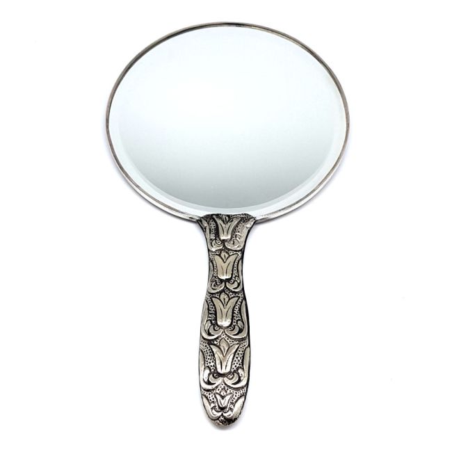 Lale Motifli Ekstra Büyük Gümüş El Aynası