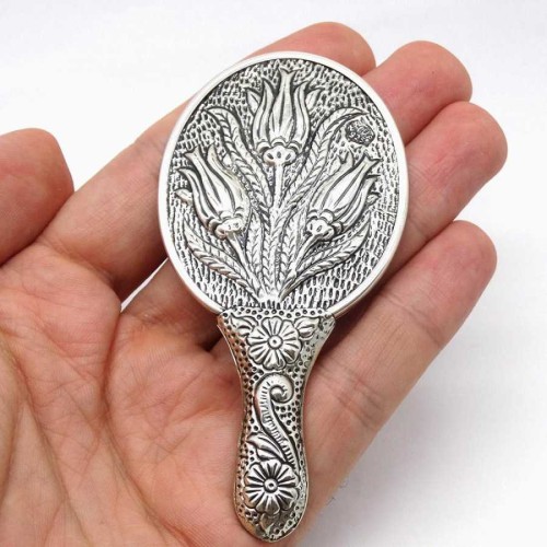 Lale Desenli Minik Gümüş El Aynası - Thumbnail