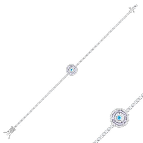 Lila Baget Nazar Boncuklu Gümüş Su Yolu Bileklik - 1