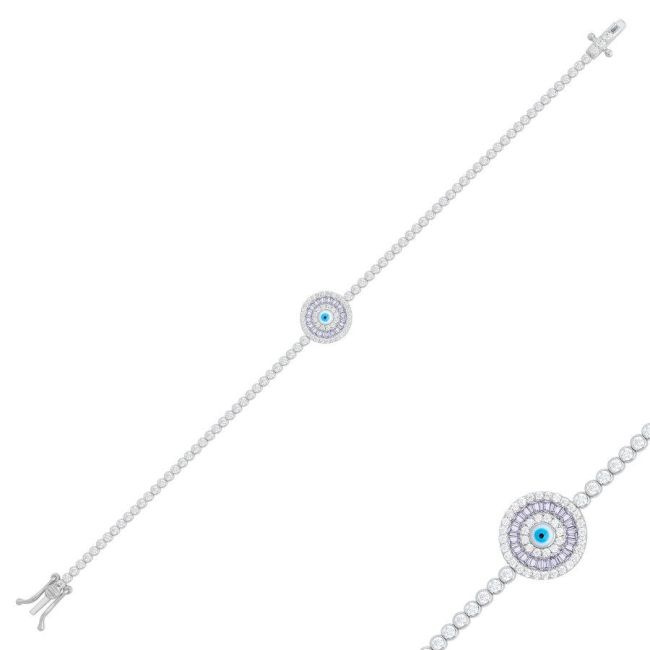 Lila Baget Nazar Boncuklu Gümüş Su Yolu Bileklik - 1