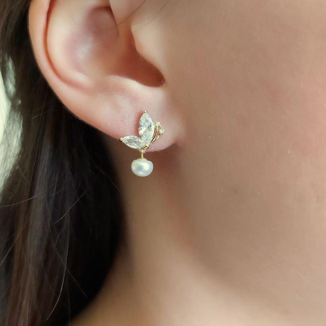 Mariposa Doğal İncili Gold Gümüş Kadın Küpe - 2