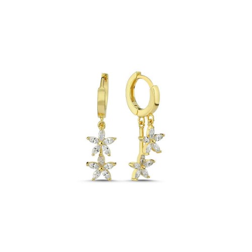 Markiz İki Çiçekli Sallantılı Gold Gümüş Küpe - CNG Jewels