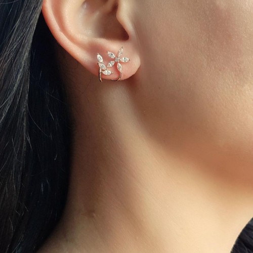 Markiz Taşlı Çiçek Gümüş Kadın Küpe - 1