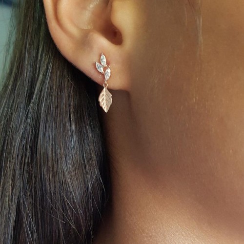 Marquise Stone Leaf Rose Silver Women's Earrings - 1