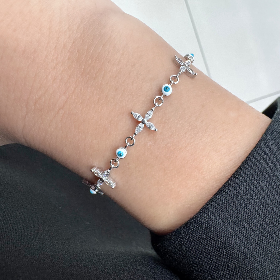 Markiz Taşlı Yonca Nazar Boncuklu Kadın Gümüş Bileklik - CNG Jewels (1)