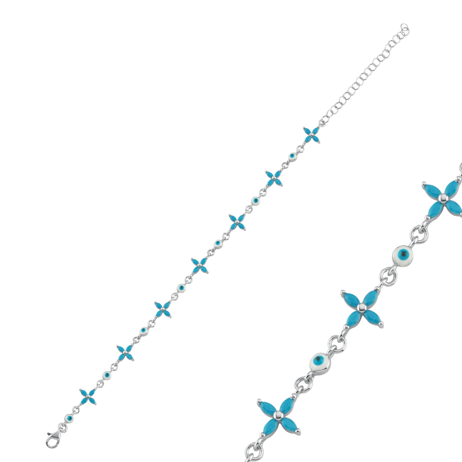 Markiz Turkuaz Yonca Nazar Boncuklu Kadın Gümüş Bileklik - CNG Jewels