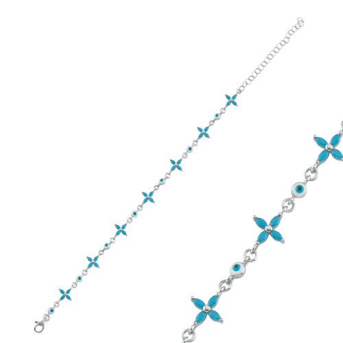 Markiz Turkuaz Yonca Nazar Boncuklu Kadın Gümüş Bileklik - CNG Jewels