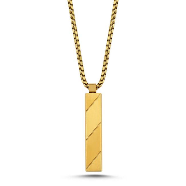Mat Parlak Yassı Çubuk Gold Çelik Erkek Kolye - 1