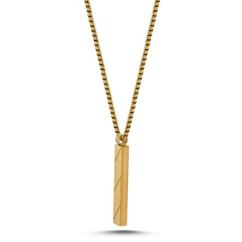 Mat Parlak Yassı Çubuk Gold Çelik Erkek Kolye - 2