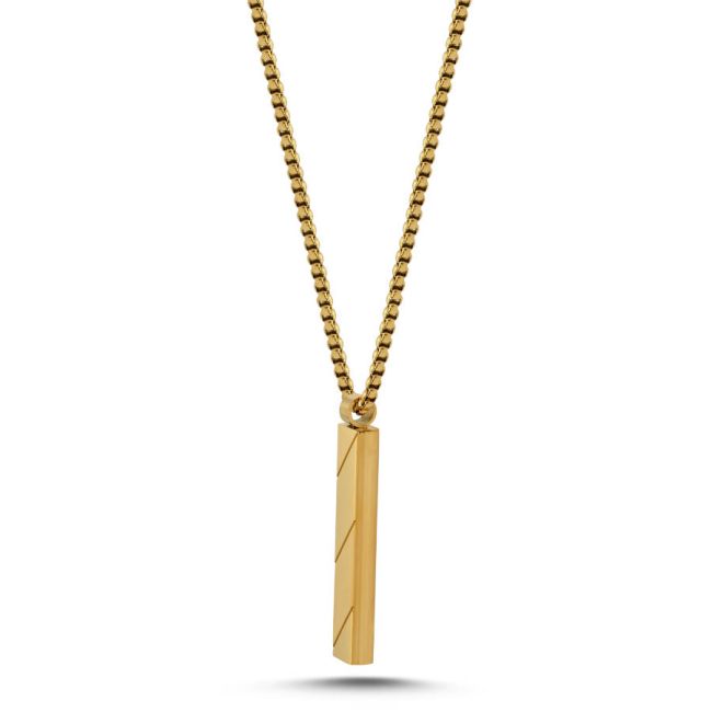 Mat Parlak Yassı Çubuk Gold Çelik Erkek Kolye - 2