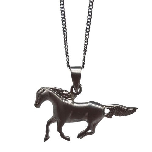 Mat Siyah Renk Koşan At Gümüş Erkek Kolye - CNG Jewels