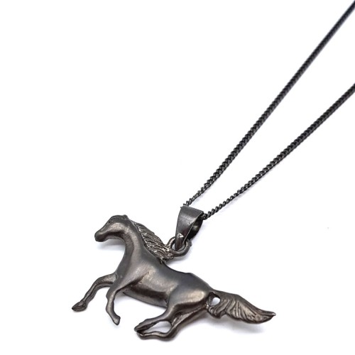 Mat Siyah Renk Koşan At Gümüş Erkek Kolye - CNG Jewels (1)