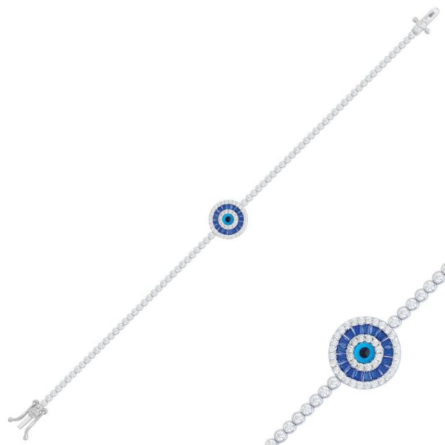 Blue Baguette Evil Eye Beaded Silver Waterway Bracelet - 1