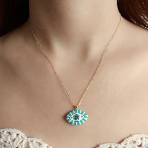Mavi Beyaz Mineli Nazar Göz Gold Gümüş Kolye - 2