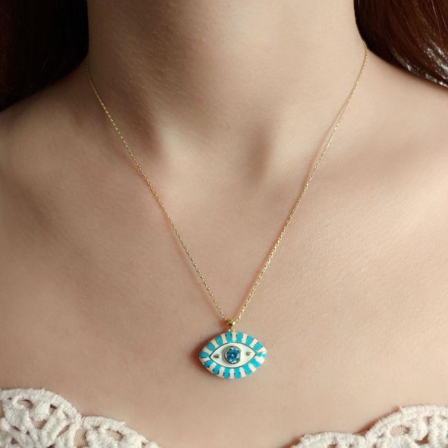 Mavi Beyaz Mineli Nazar Göz Gold Gümüş Kolye - 2