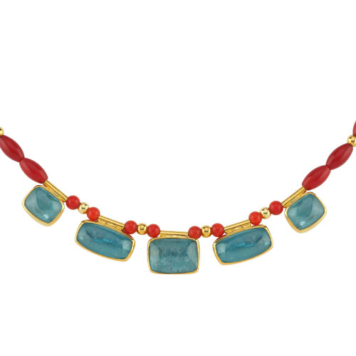 Mavi Kyanite ve Mercan Taşlı Özel Tasarım Gümüş Kolye - 1