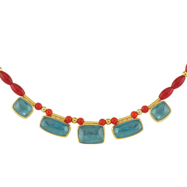 Mavi Kyanite ve Mercan Taşlı Özel Tasarım Gümüş Kolye - 1