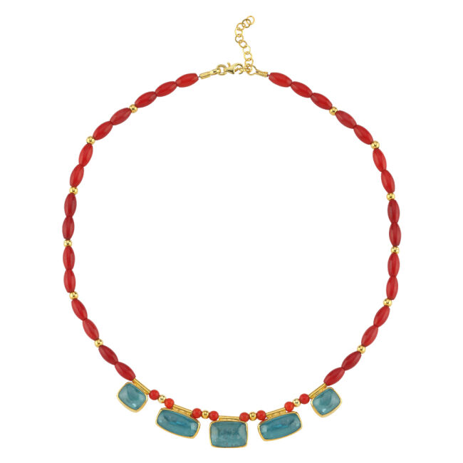 Mavi Kyanite ve Mercan Taşlı Özel Tasarım Gümüş Kolye - 2