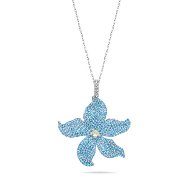 Mavi Lilyum Çiçeği Gümüş Kolye - 1