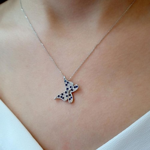 Mavi Mariposa Kelebek Gümüş Kadın Kolye - 2