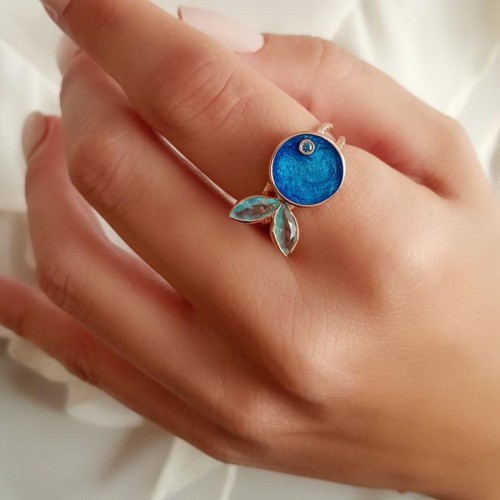 Blue Enameled Chubby Fish Silver Women's Ring - CNG Jewels