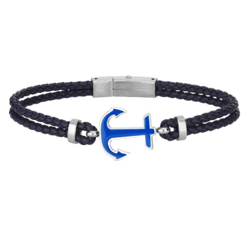 Blue Enameled Anchor Leather Steel Men's Bracelet - CNG Jewels