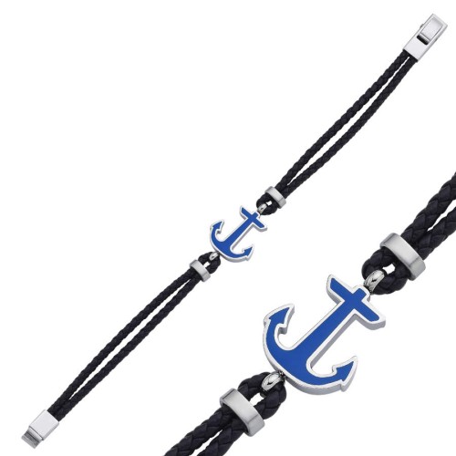 Blue Enameled Anchor Leather Steel Men's Bracelet - CNG Jewels (1)