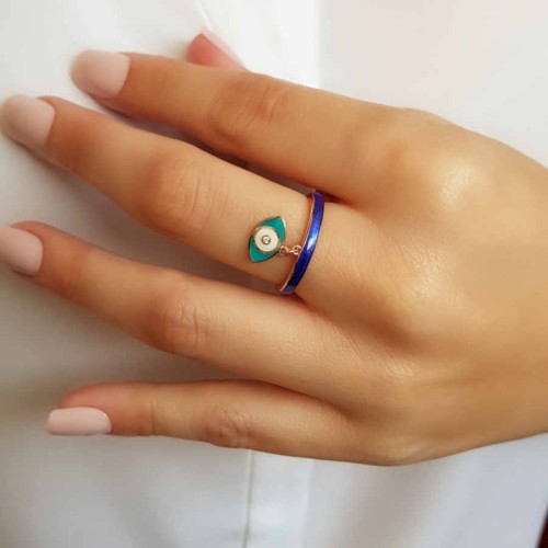 Blue Enamel Charm Eye Women's Silver Ring - CNG Jewels (1)