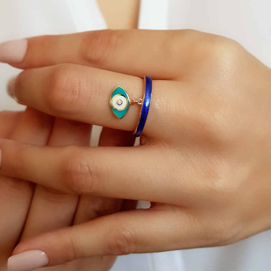 Mavi Mineli Charm Göz Kadın Gümüş Yüzük - CNG Jewels