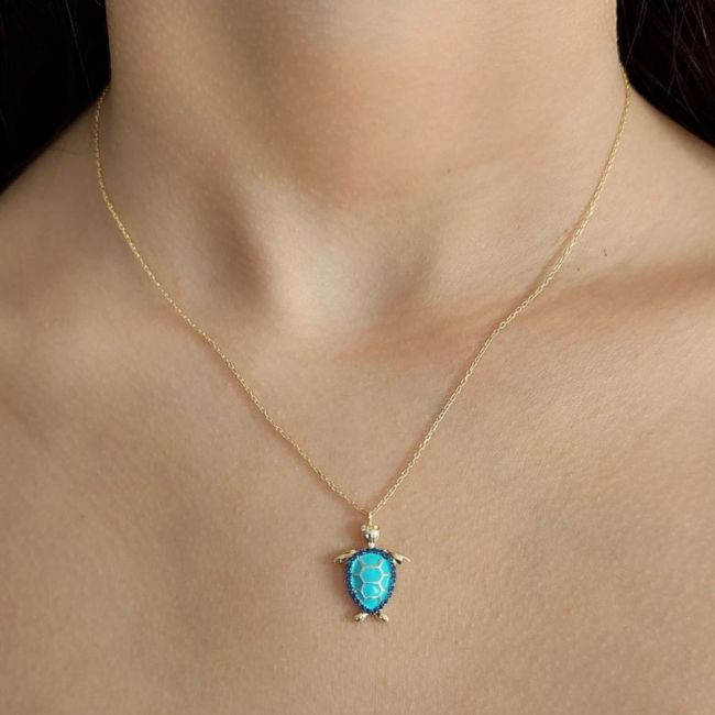 Blue Enameled Turtle Women's Silver Necklace - 2