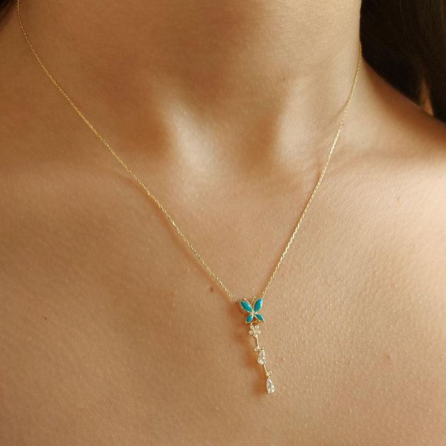 Mavi Mineli Kelebek Gold Taşlı Gümüş Kolye - 1