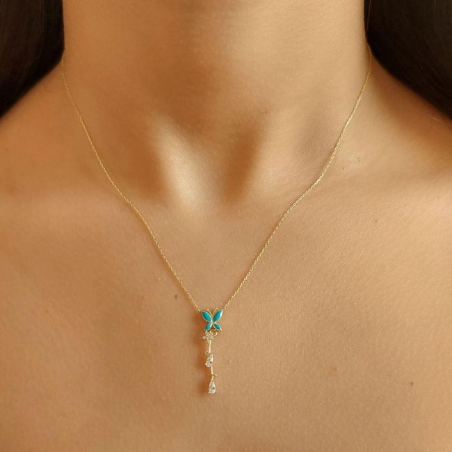 Mavi Mineli Kelebek Gold Taşlı Gümüş Kolye - 2