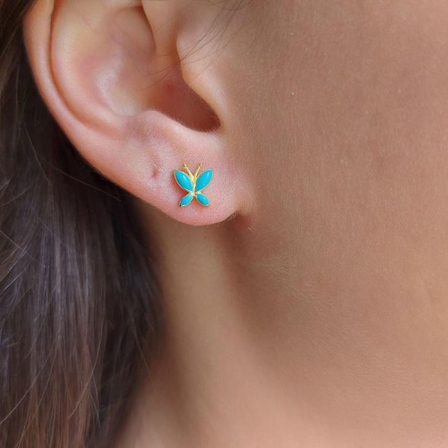 Mavi Mineli Kelebek Gümüş Kadın Küpe - 1