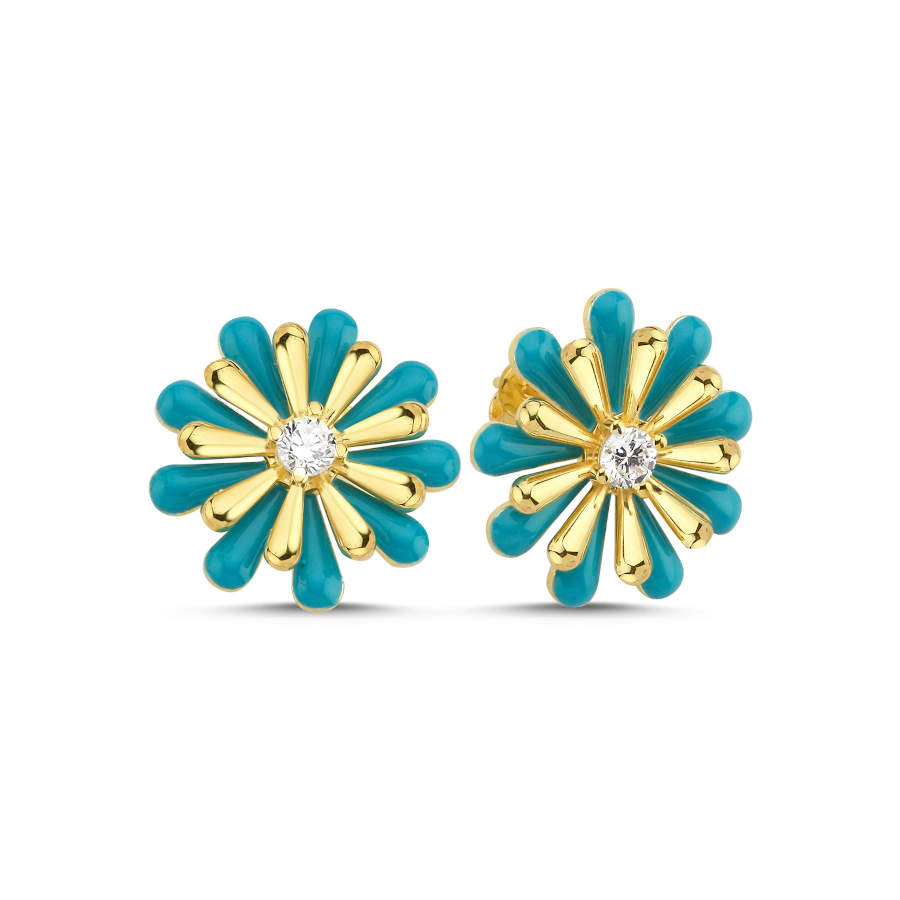 Blue Enamel Daisy Design Women's Silver Earrings - CNG Jewels