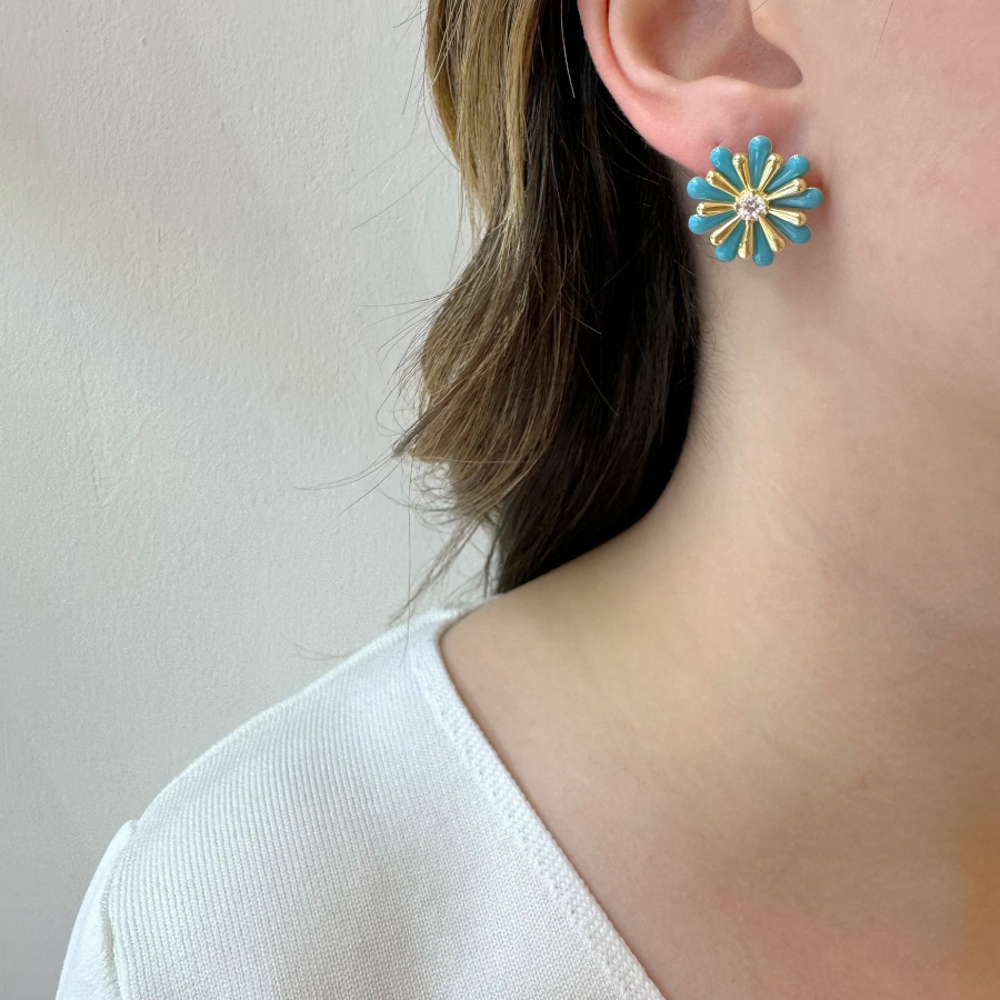 Blue Enamel Daisy Design Women's Silver Earrings - CNG Jewels (1)