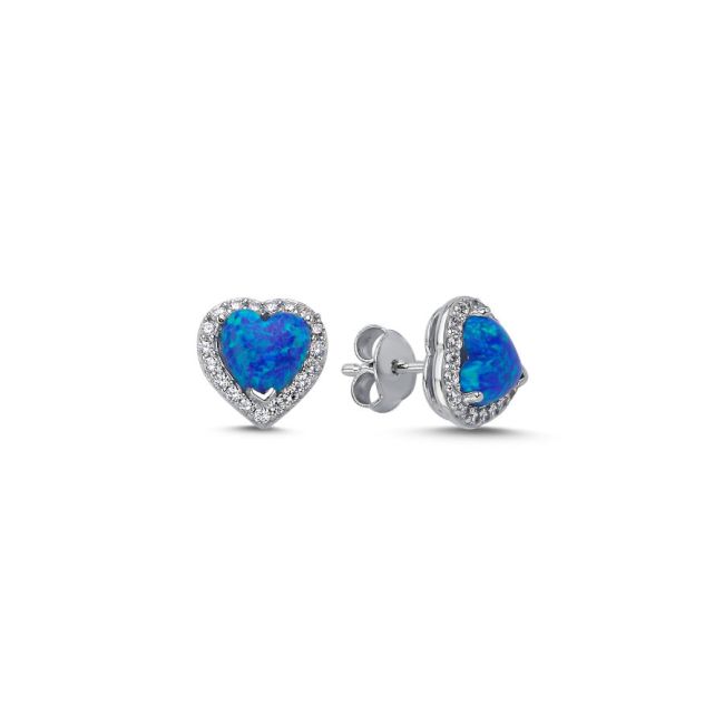 Blue Opal Heart Minimal Women's Silver Earrings - 1