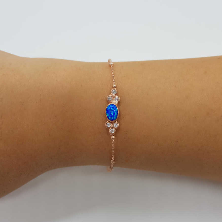 Blue Opal Stone Rose Silver Women's Bracelet - CNG Jewels